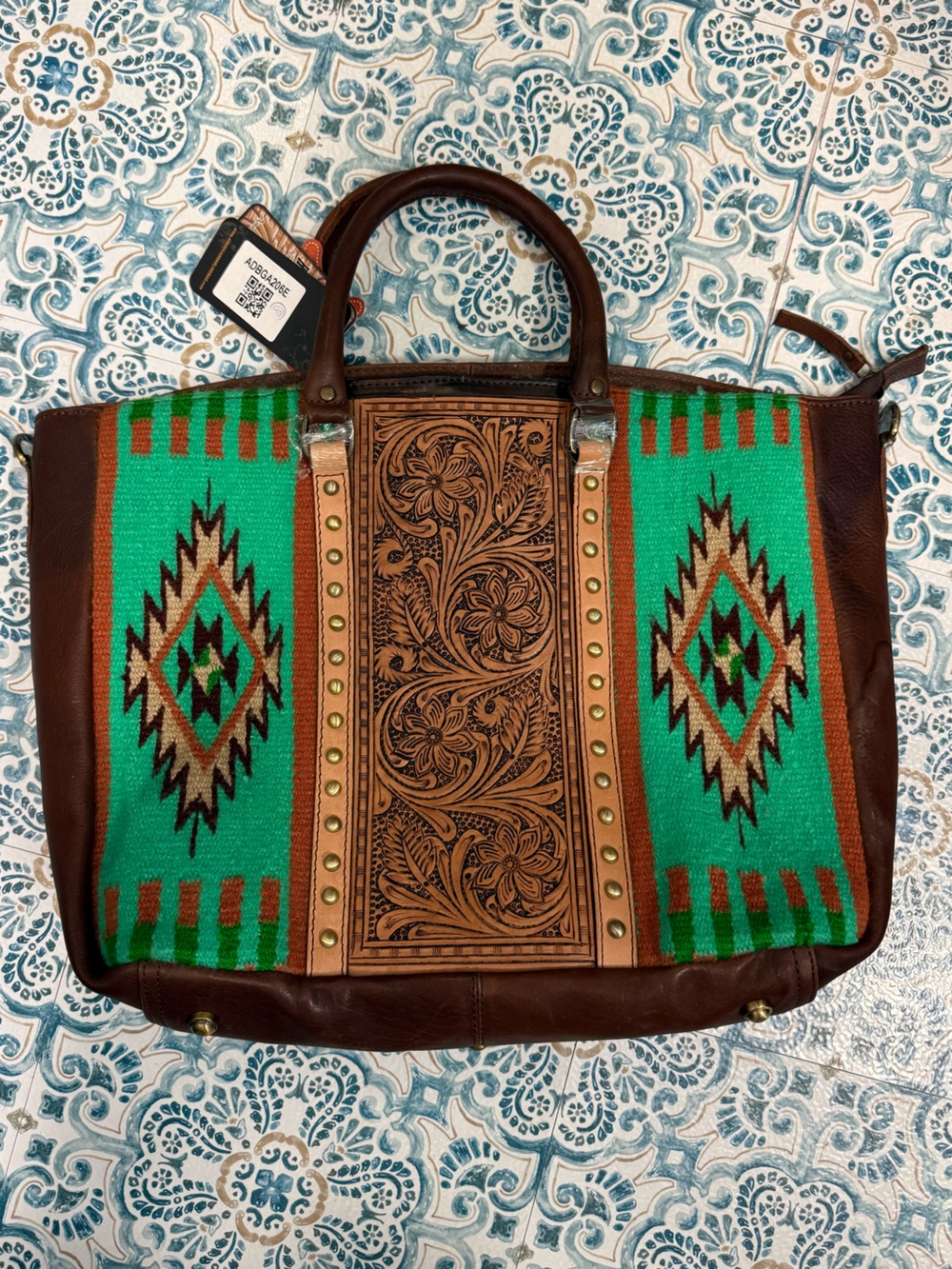 American Darling Turquoise and Brown Southwestern Tooled Leather Tote
